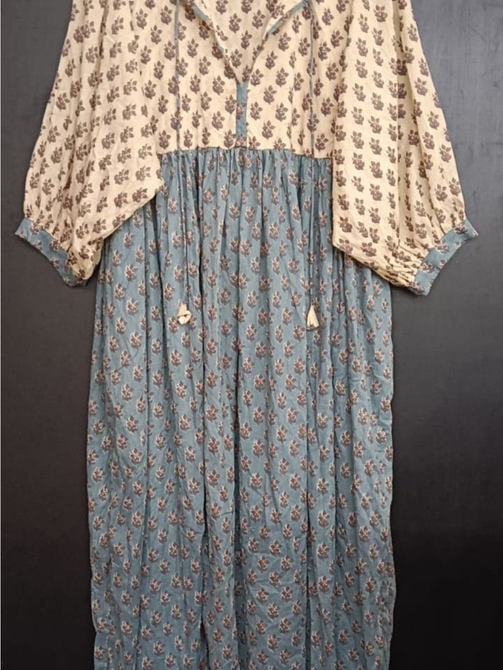 Daughters of India lookalike  Cream and Blue Block Print Midi Dress (handmade)